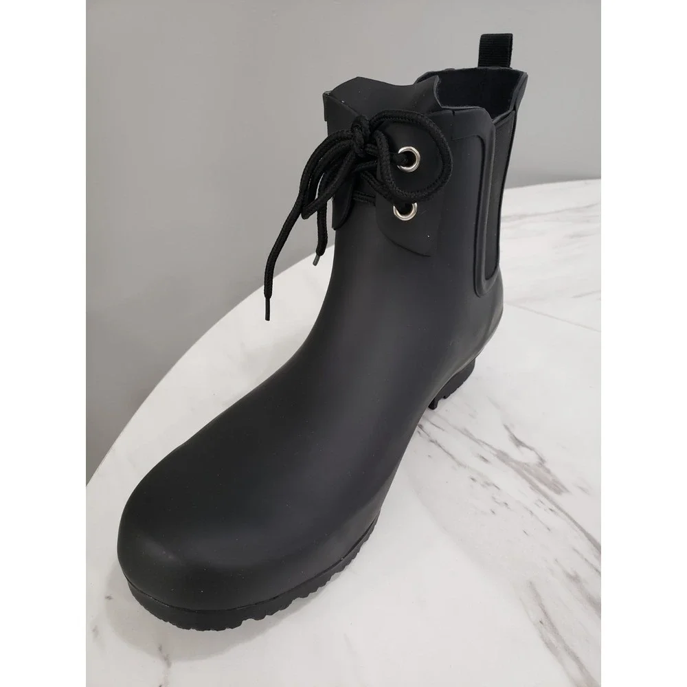 NEW SIZE 10 Ladies Roma Chelsea Lace‎ Up Matte Black Rain Boots Womens Slip On